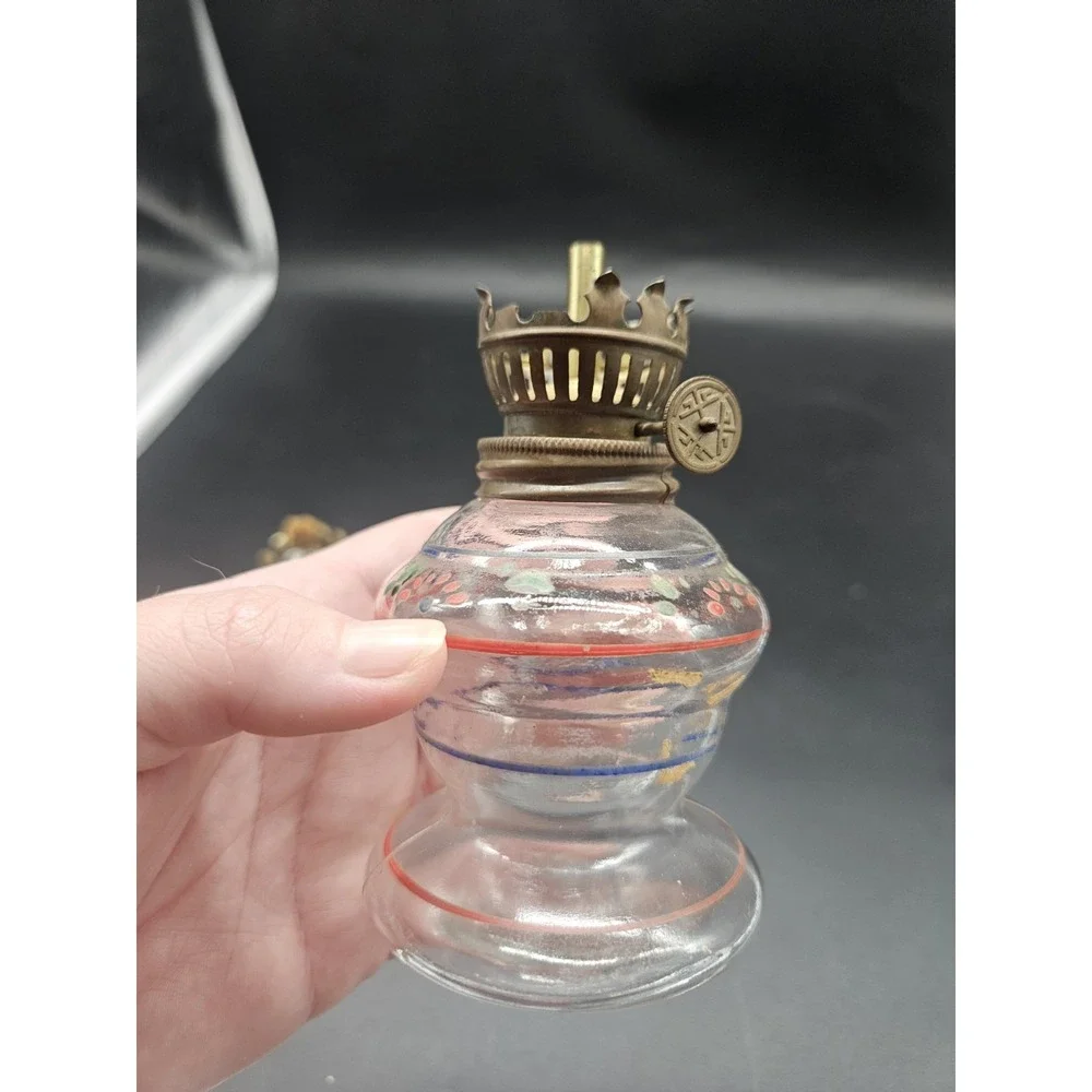 Lot Of 2 Clear W/ Red Design Small Oil Lamp Bases No Chimneys